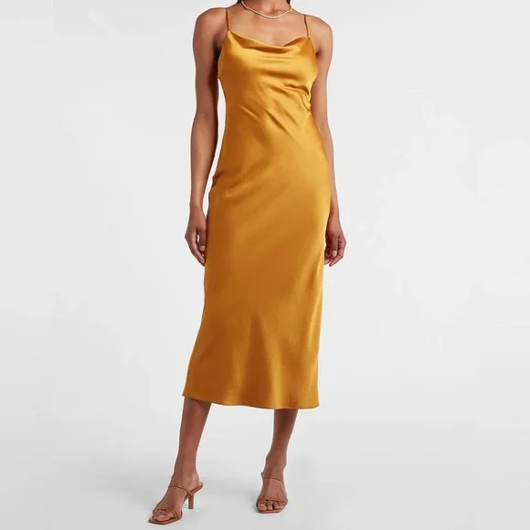 Express Honey Satin Cowl Neck Maxi Slip Dress Size Medium - Picture 1 of 10